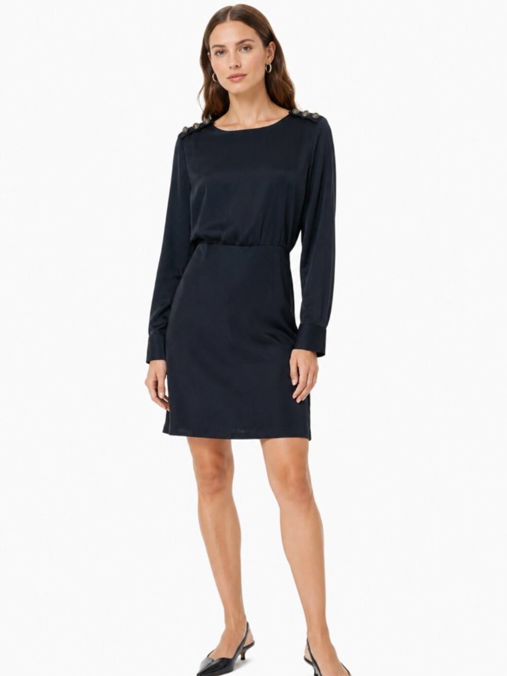 THE KOOPLES BLACK SATIN FELt WOOL BLEND COMBO LONG SLEEVE MINI DRESS - S (36)